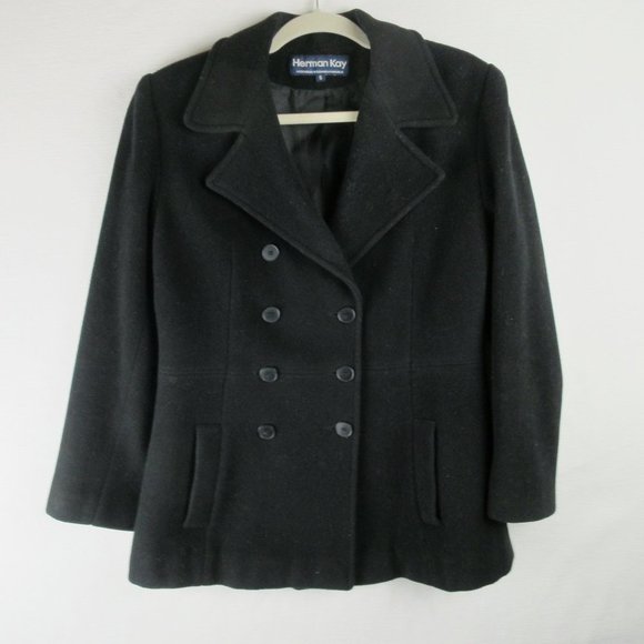 Herman Kay Double Breasted Wool Peacoat Size S Black Notched Collar - Picture 1 of 10